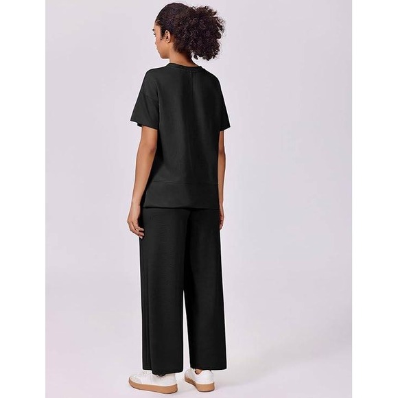 Pinspark Womens Black Lounge Set Wide Leg Pants Short Sleeve Top Medium - Picture 11 of 11